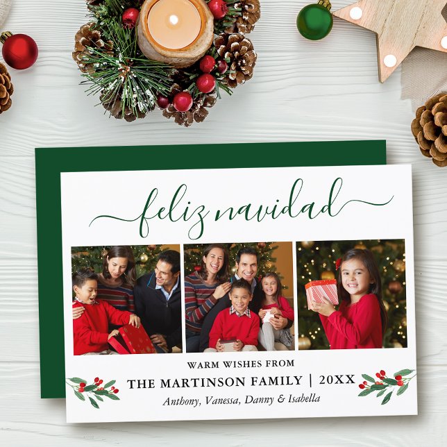 Calligraphy Feliz Navidad 3 Photo Red Holly Green Holiday Card (Customize to add text to back of card.)