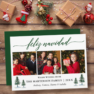 Calligraphy Feliz Navidad Pine Trees 3 Photo Green Holiday Card