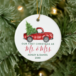 Calligraphy First Christmas Mr. Mrs. Red Truck Ceramic Ornament
