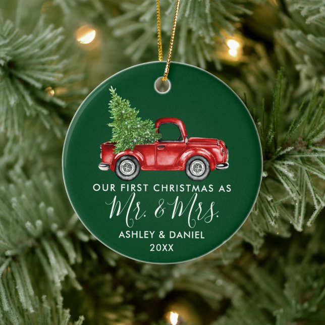 Calligraphy First Christmas Mr. Mrs. Truck Green Ceramic Ornament (Tree)