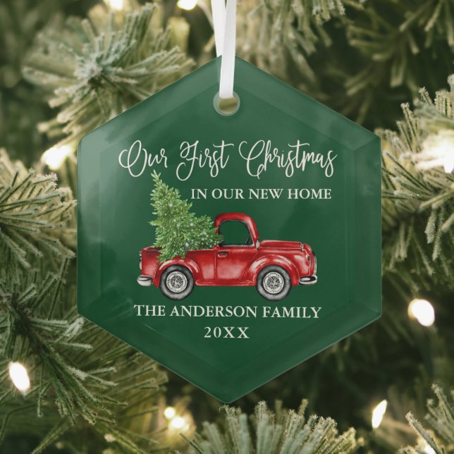 Calligraphy First Christmas New Home Truck Green Glass Ornament (Insitu)