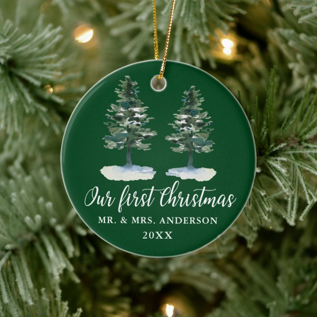 Calligraphy First Christmas Watercolor Two Pines Ceramic Ornament (Tree)