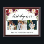 Calligraphy Floral Best Day Ever Wedding Plaque<br><div class="desc">Calligraphy 3 Photo Best Day Ever,  Watercolor Burgundy Marsala Floral,  Wedding Plaque</div>