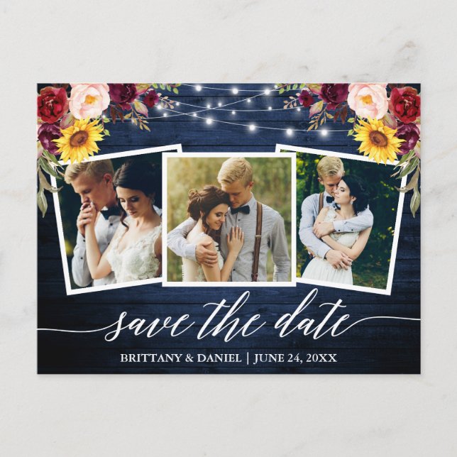 Calligraphy Floral Blue Wood Save The Date Postcard (Front)