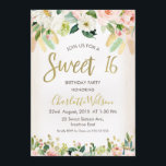 Calligraphy Floral Boho 16th Birthday Invitation<br><div class="desc">This bohemian sweet sixteen birthday invitation features some floral and feather arrangements. I've added some flowers in the lower half of the design as well in addition to some faux gold dots. The faux gold foil calligraphy sweet 16 heading is part of the image and can't be edited. More bohemian...</div>