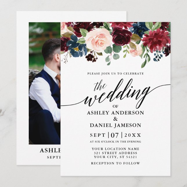 Calligraphy Floral Burgundy Blue Photo Wedding Invitation (Front/Back)