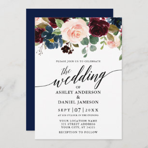 Calligraphy Floral Burgundy Blue Pink Wedding Invitation
