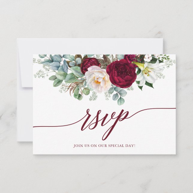 Calligraphy Floral Burgundy RSVP Wedding Card (Front)