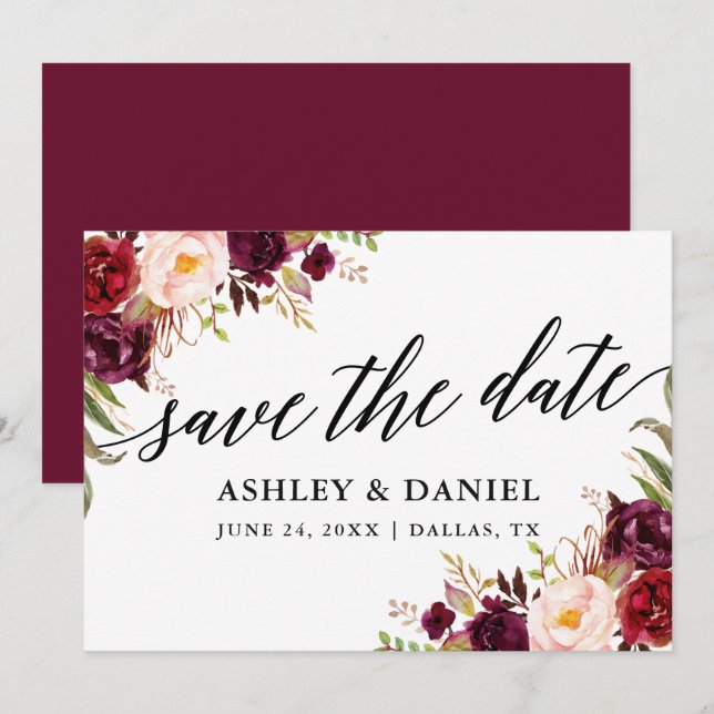 Calligraphy Floral Burgundy Save The Date Card (Front/Back)