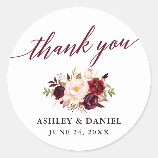 Calligraphy Floral Burgundy Wedding Thank You Classic Round Sticker (Front)
