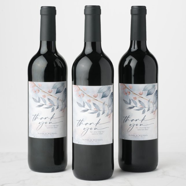 Calligraphy Floral Thank You Dusty Blue ID771 Wine Label (Bottles)