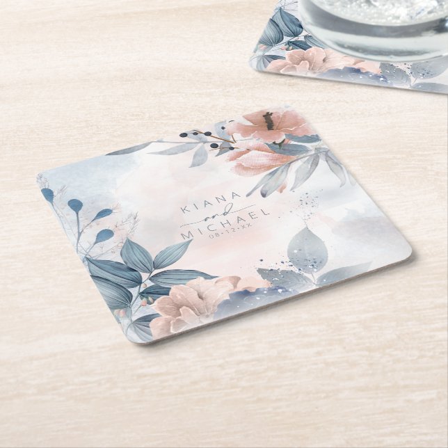 Calligraphy Floral Wedding Dusty Blue ID771 Square Paper Coaster (Angled)