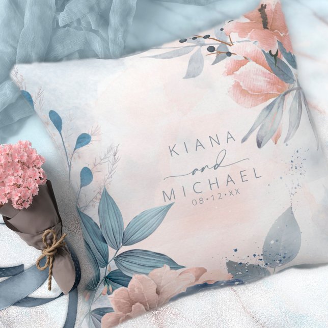 Calligraphy Floral Wedding Dusty Blue ID771 Throw Pillow (Creator Uploaded)
