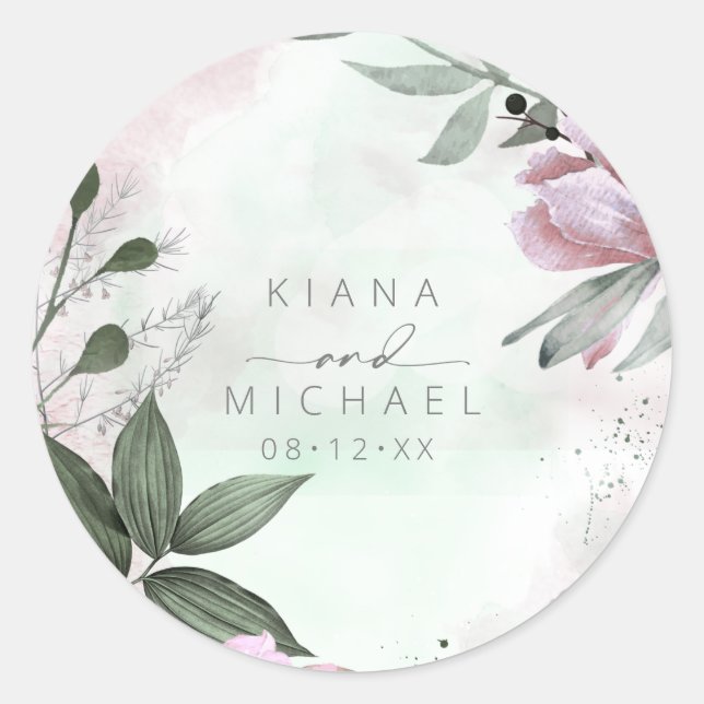 Calligraphy Floral Wedding Mauve ID771 Classic Round Sticker (Front)