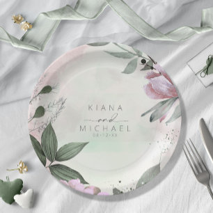 Calligraphy Floral Wedding Mauve ID771 Paper Plate