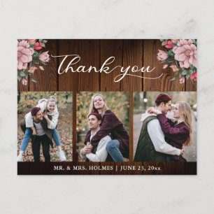 Calligraphy Floral Wedding Rustic Wood Thank You Postcard