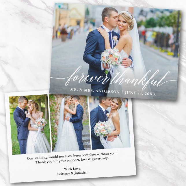 Calligraphy Forever Thankful Wedding 4 Photo Thank You Card (Customize to change your personalized text size or text style.)