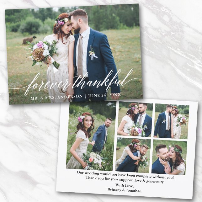 Calligraphy Forever Thankful Wedding 6 Photo Thank You Card (Customize to change your personalized text size or text style.)
