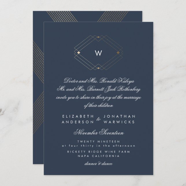 Calligraphy Formal Monogram Gold Foil Navy Invitation (Front/Back)