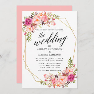 Calligraphy Geometric Pink Blush Floral Wedding Invitation