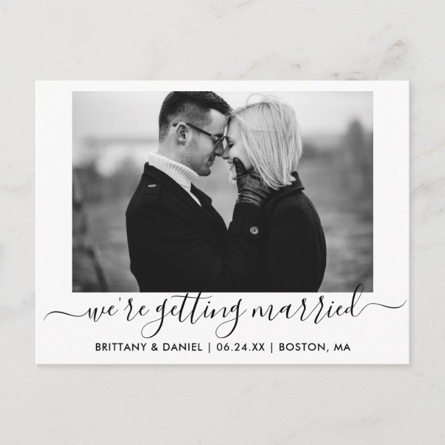 Calligraphy Getting Married Save The Date BW Photo Postcard (Front)