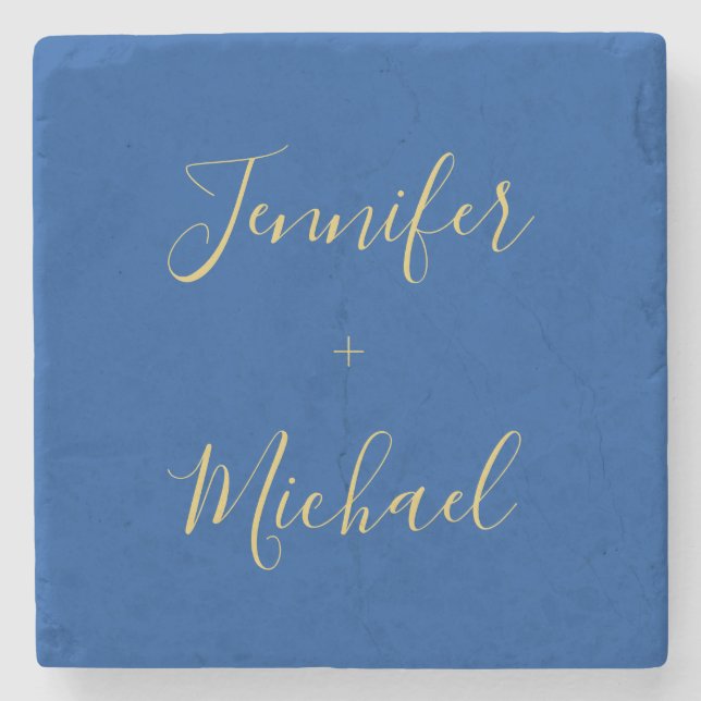 Calligraphy Gold Blue Colour Custom Personal Edit Stone Coaster (Front)