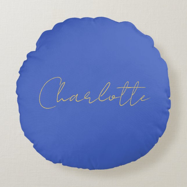 Calligraphy Gold Colour Deep Royal Custom Name Round Pillow (Front)