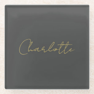 Calligraphy Gold Colour Grey Custom Personal Edit Glass Coaster