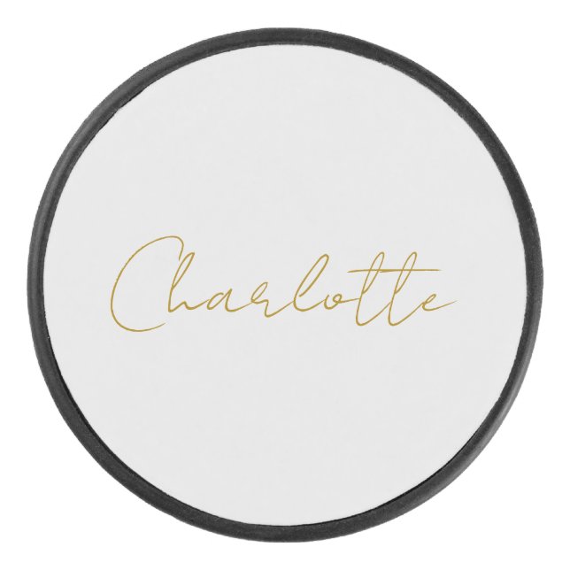 Calligraphy Gold Colour Grey Custom Personal Edit Hockey Puck (Front)