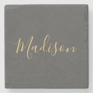 Calligraphy Gold Colour Grey Custom Personal Edit Stone Coaster