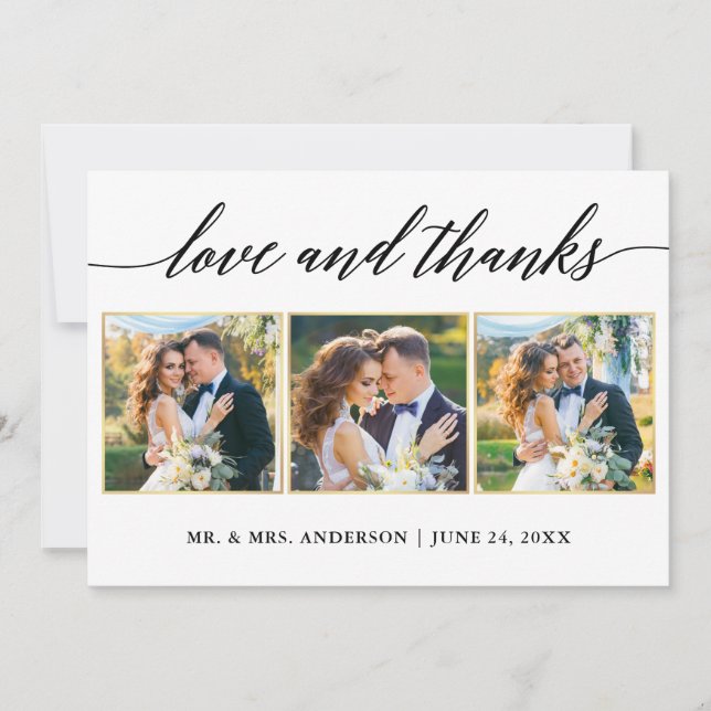 Calligraphy Gold Frame Love Thanks Wedding 3 Photo Thank You Card (Front)