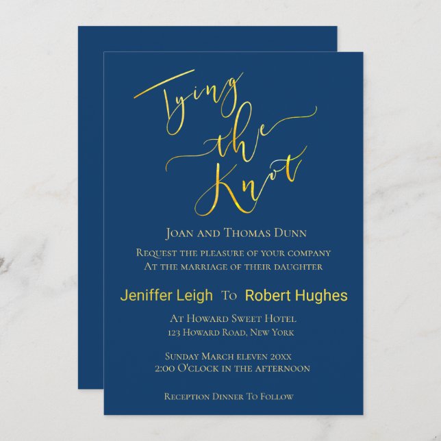 Calligraphy Gold Tying the Knot Foil Wedding Invitation (Front/Back)