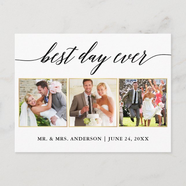 Calligraphy Gold Wedding 3 Photo Best Day Ever Postcard (Front)
