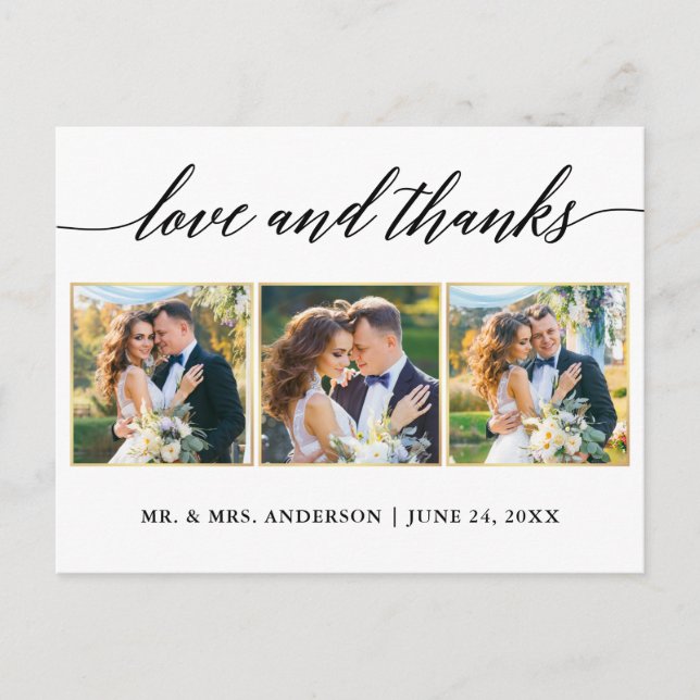 Calligraphy Gold Wedding 3 Photo Love Thanks Postcard (Front)
