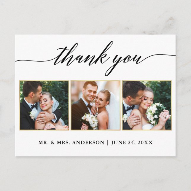 Calligraphy Gold Wedding 3 Photo Thank You Postcard (Front)