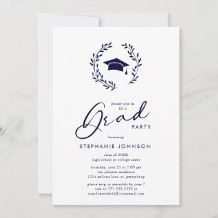 Calligraphy Grad Cap Wreath Navy Graduation Party Invitation