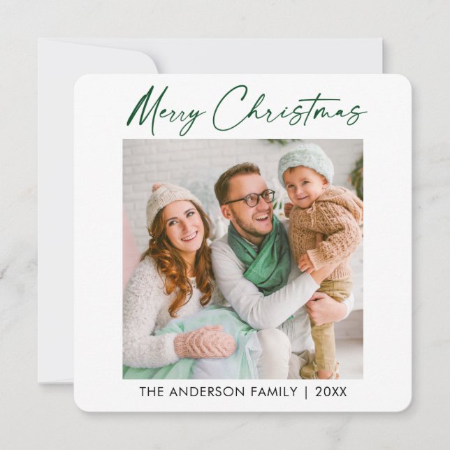 Calligraphy Green Ink Christmas Photo Minimalist Holiday Card (Front)