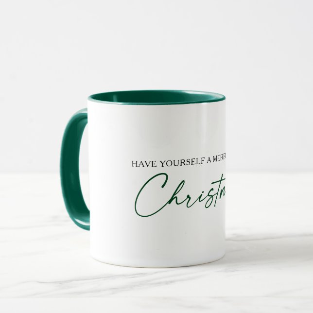 Calligraphy Green Ink Pen Minimalist Christmas Mug (Front Left)