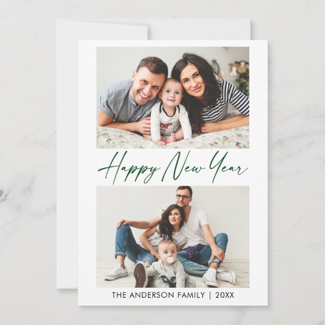 Calligraphy Green Ink Pen New Year 2 Photo Holiday Card (Front)