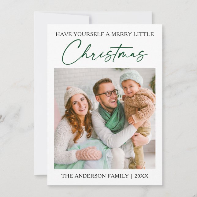 Calligraphy Green Ink Pen Photo Minimalist Holiday Card (Front)