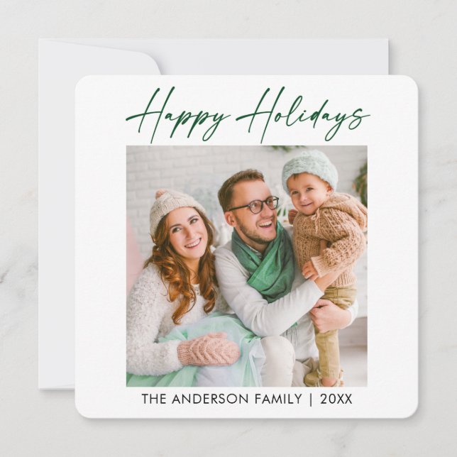 Calligraphy Green Ink Photo Minimalist Holiday Card (Front)