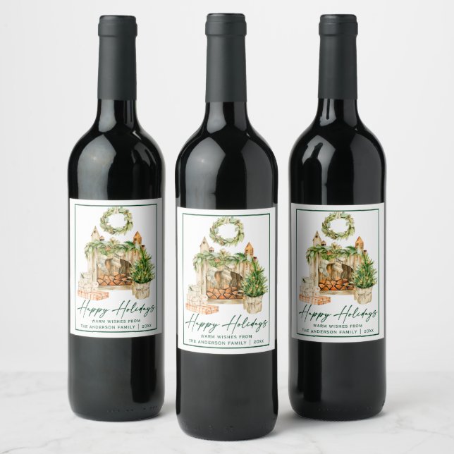 Calligraphy Green Ink Script Watercolor Holidays Wine Label (Bottles)