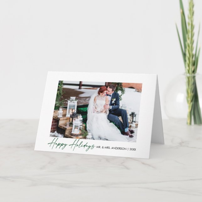 Calligraphy Green Ink Script Wedding Photo Fold Holiday Card (Front)
