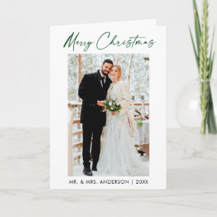 Calligraphy Green Ink Script Wedding Photo Folded Holiday Card