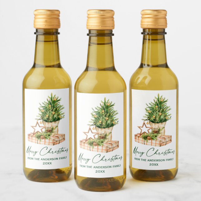 Calligraphy Green Ink Watercolor Christmas Tree Wine Label (Bottles)