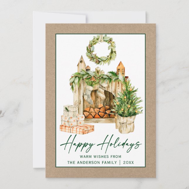 Calligraphy Green Ink Watercolor Holidays Kraft Holiday Card (Front)