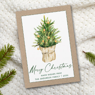 Calligraphy Green Ink Watercolor Pine Tree Kraft Holiday Card