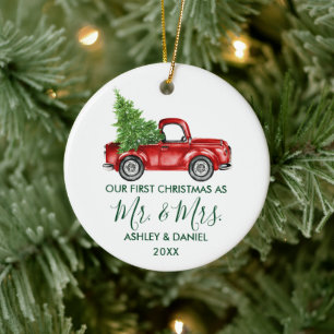 Calligraphy Green Mr. Mrs. Christmas Red Truck  Ceramic Ornament