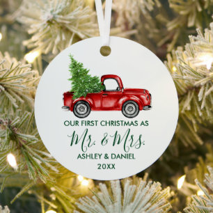 Calligraphy Green Mr. Mrs. Christmas Red Truck Metal Ornament