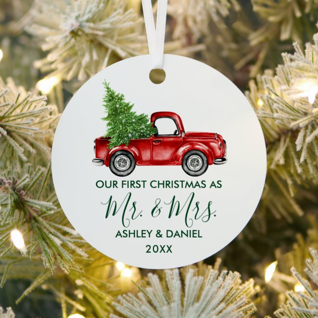 Calligraphy Green Mr. Mrs. Christmas Red Truck Metal Ornament (Insitu)